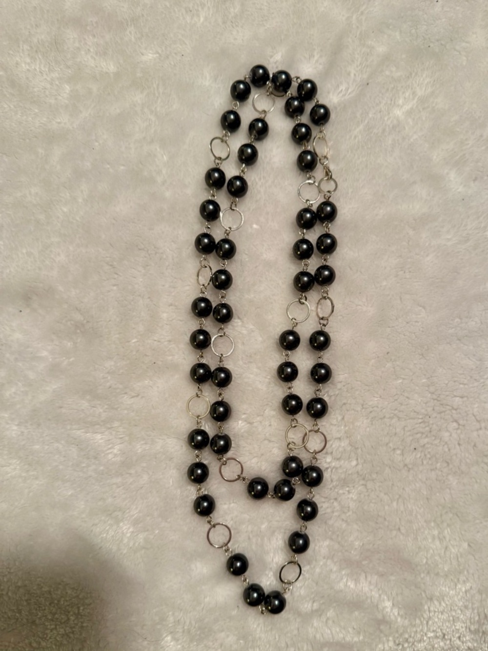Classic Gray Beaded Long Necklace with silver tone linked rings